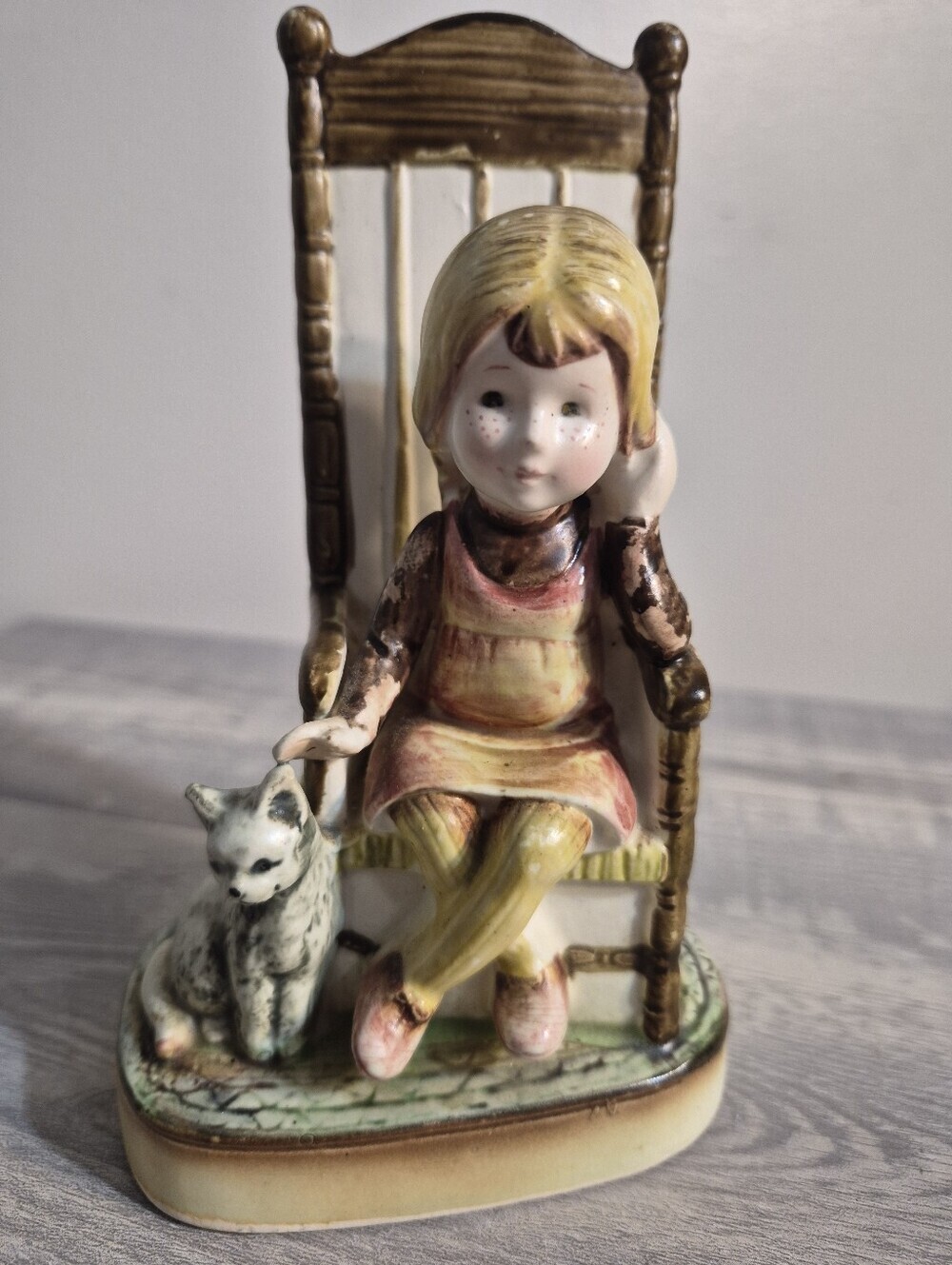 Vintage American Greeting Girl Sitting In Chair With Cat. Japan Holly Hobbie 6”